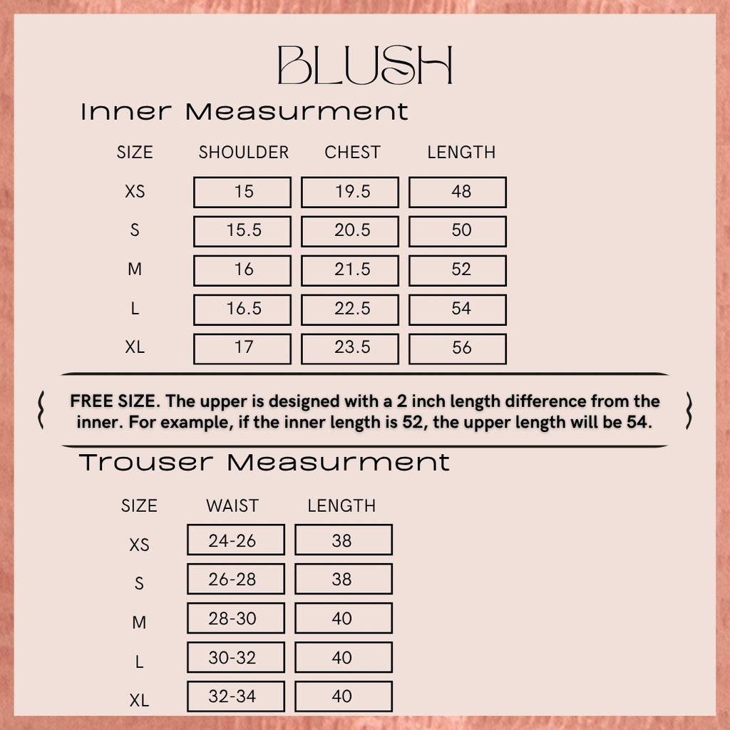Size chart for Blush, giving the garment measurements in inches for XS to XL. The same numbers are written out as a table on this page.