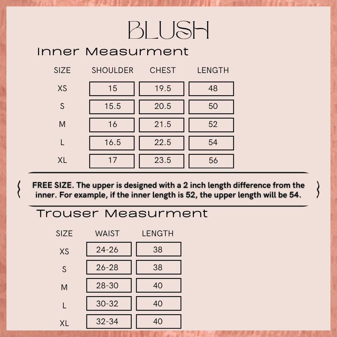 Size chart for Blush, giving the garment measurements in inches for XS to XL. The same numbers are written out as a table on this page.