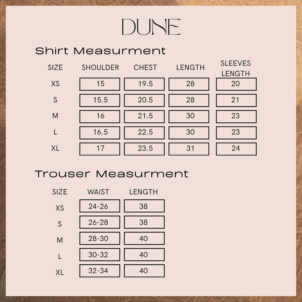 Size chart for Dune, giving the garment measurements in inches for XS to XL. The same numbers are written out as a table on this page.