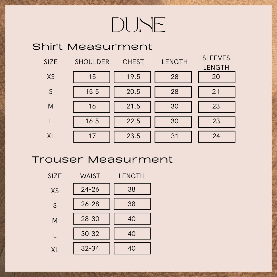 Size chart for Dune, giving the garment measurements in inches for XS to XL. The same numbers are written out as a table on this page.