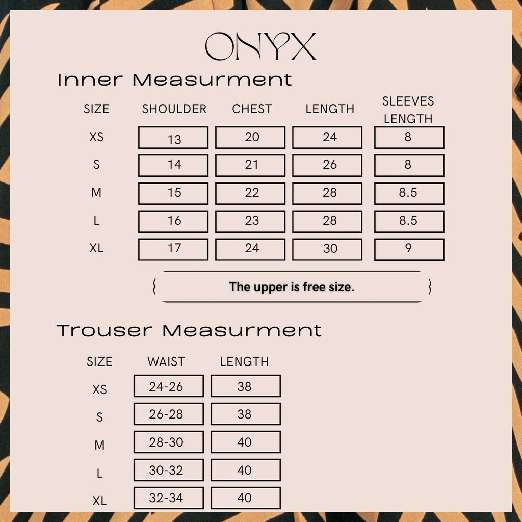Size chart for Onyx, giving the garment measurements in inches for XS to XL. The same numbers are written out as a table on this page.