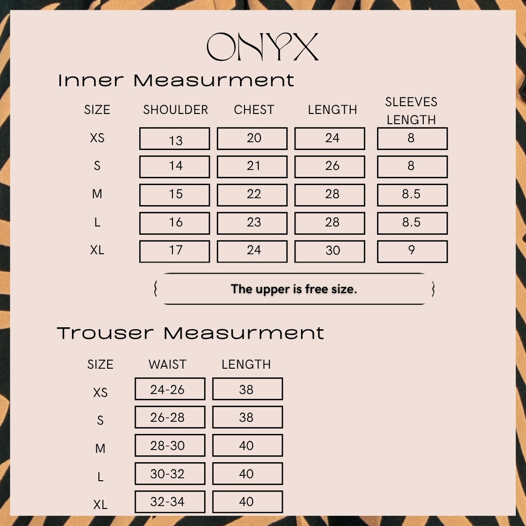 Size chart for Onyx, giving the garment measurements in inches for XS to XL. The same numbers are written out as a table on this page.