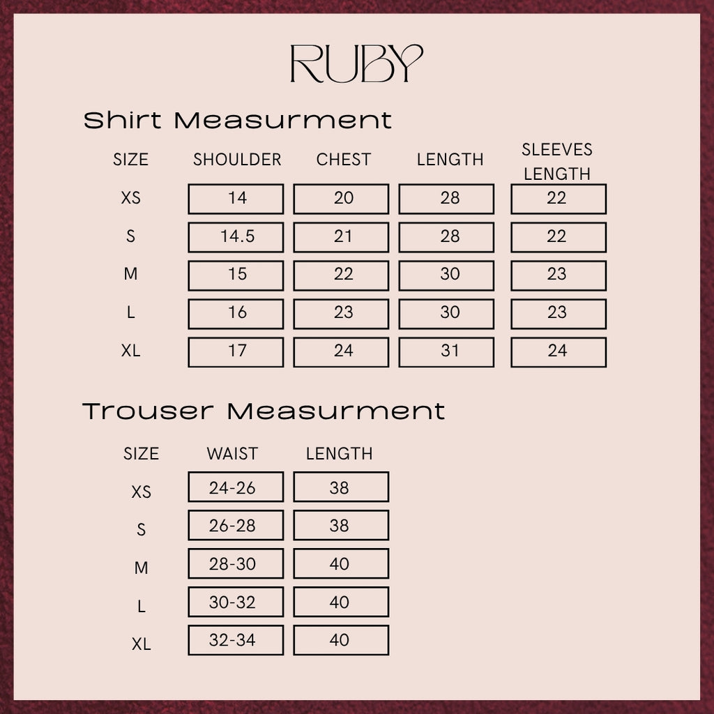 Size chart for Ruby, giving the garment measurements in inches for XS to XL. The same numbers are written out as a table on this page.