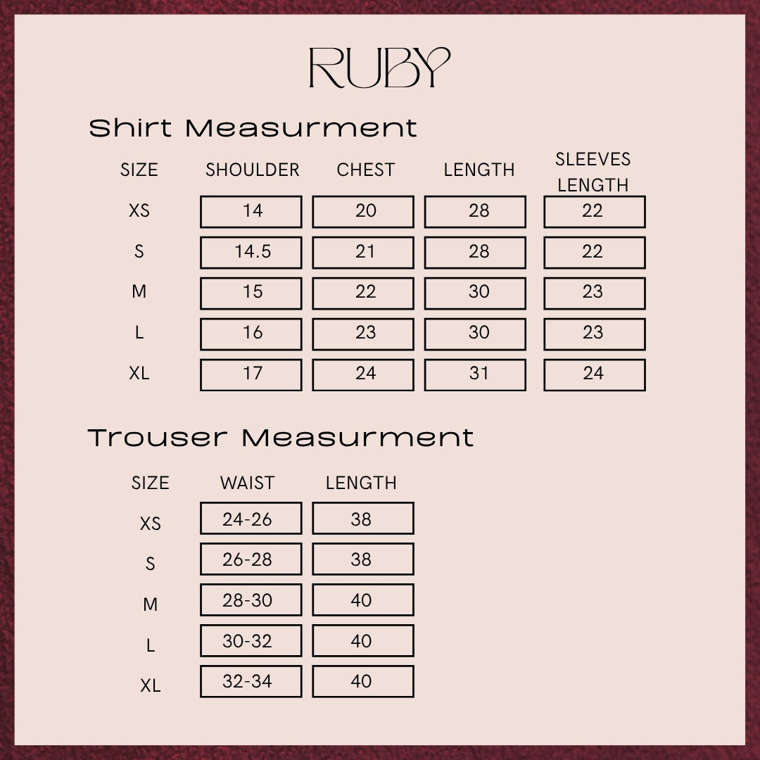 Size chart for Ruby, giving the garment measurements in inches for XS to XL. The same numbers are written out as a table on this page.