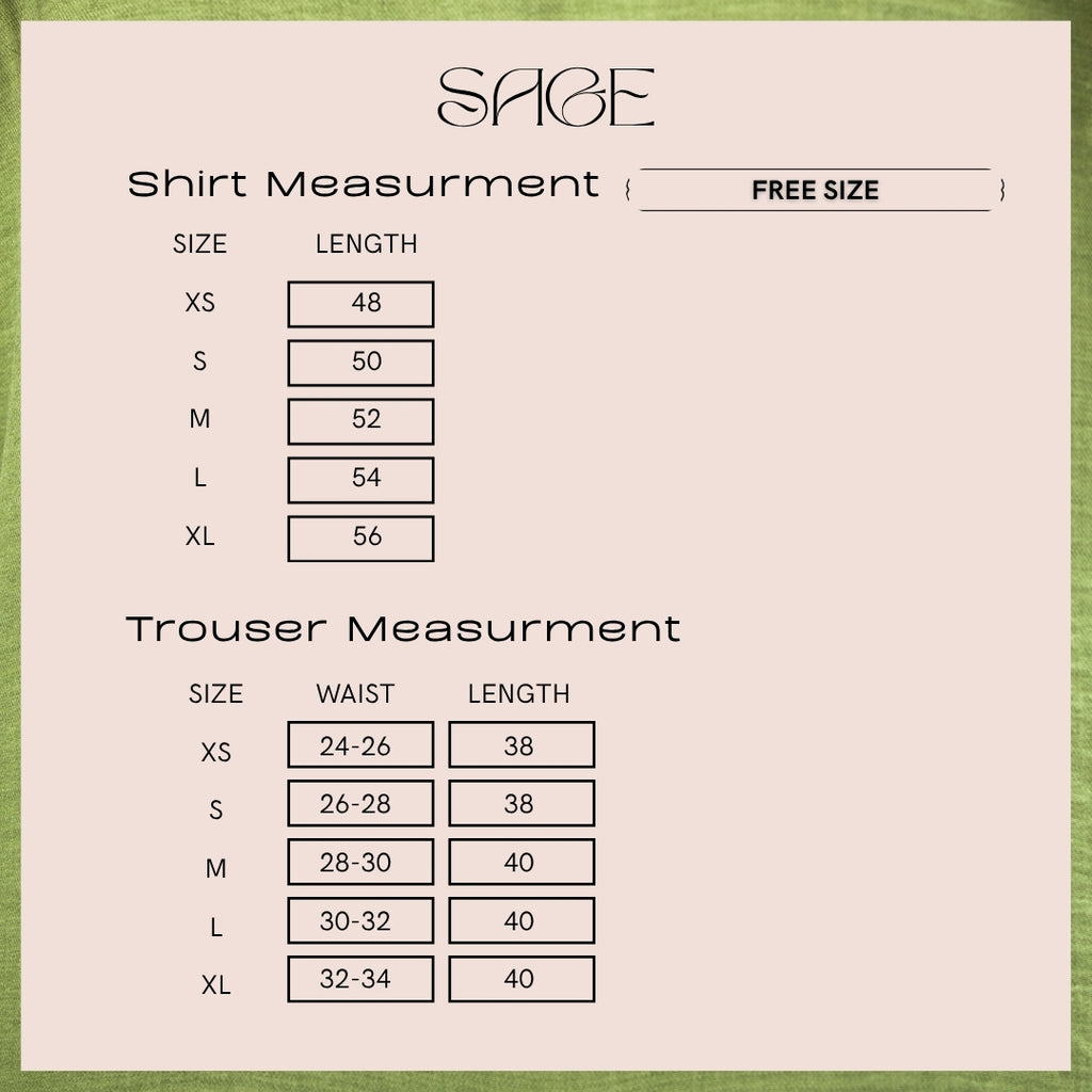 Size chart for Sage, giving the garment measurements in inches for XS to XL. The same numbers are written out as a table on this page.