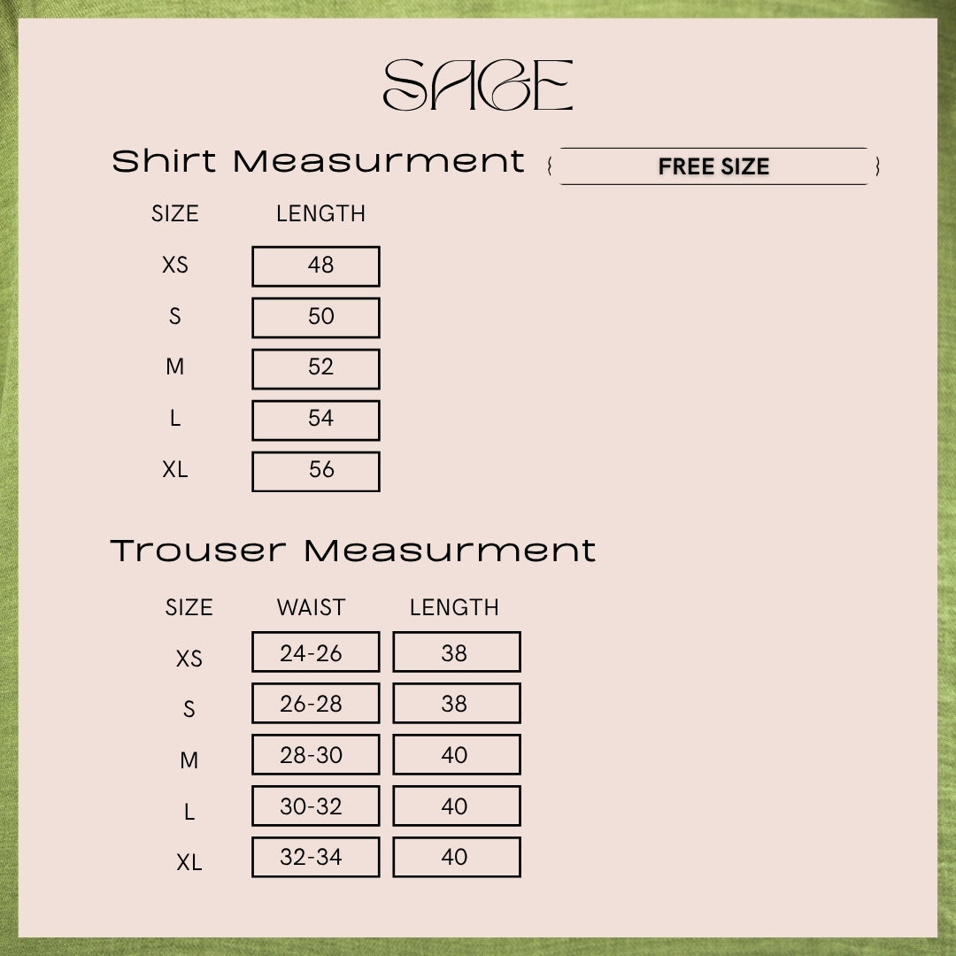 Size chart for Sage, giving the garment measurements in inches for XS to XL. The same numbers are written out as a table on this page.