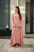 Blush kimono set worn as all three pieces: the open kimono over the sleeveless inner and wide-leg trousers.