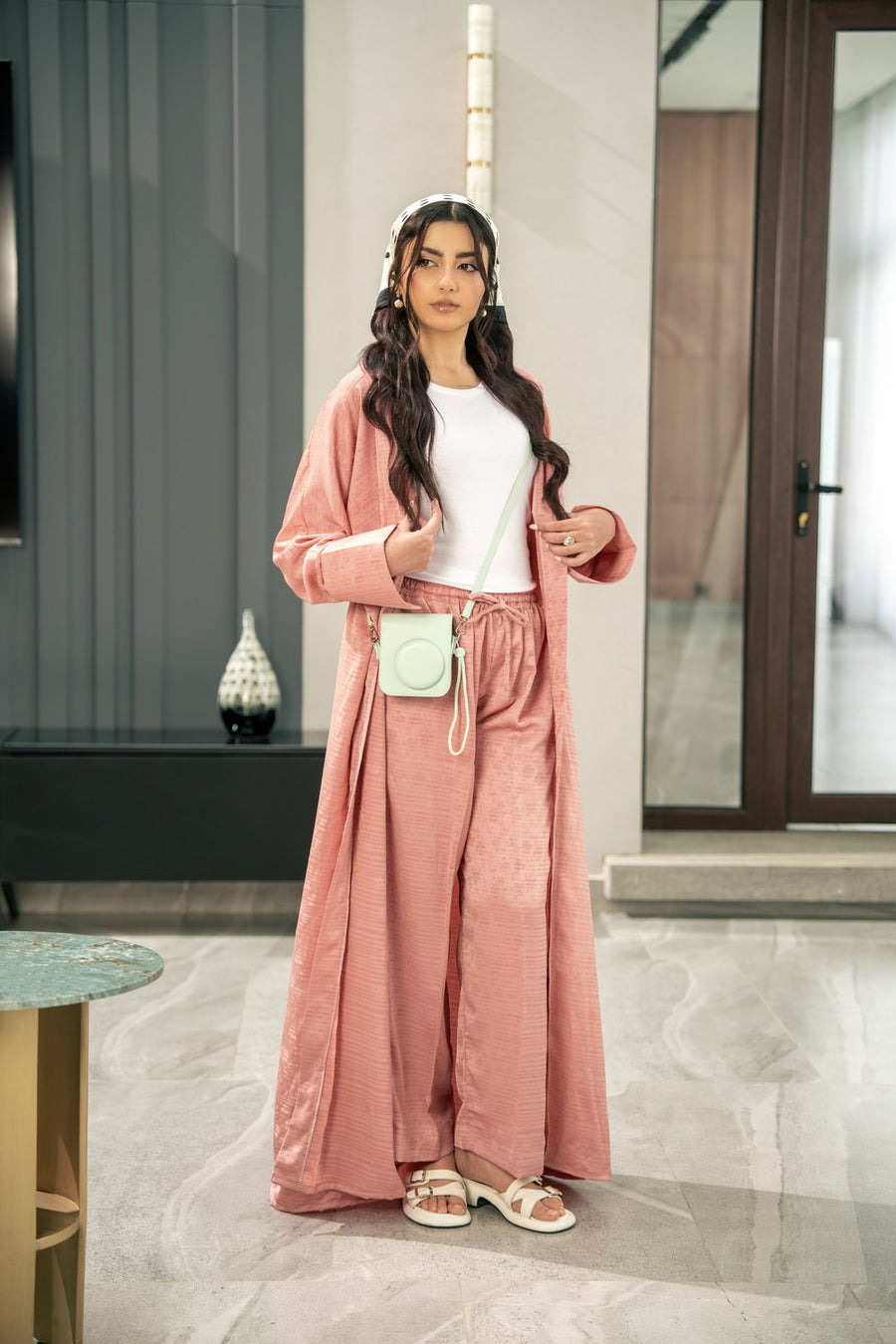 The Blush kimono full length over the matching trousers.