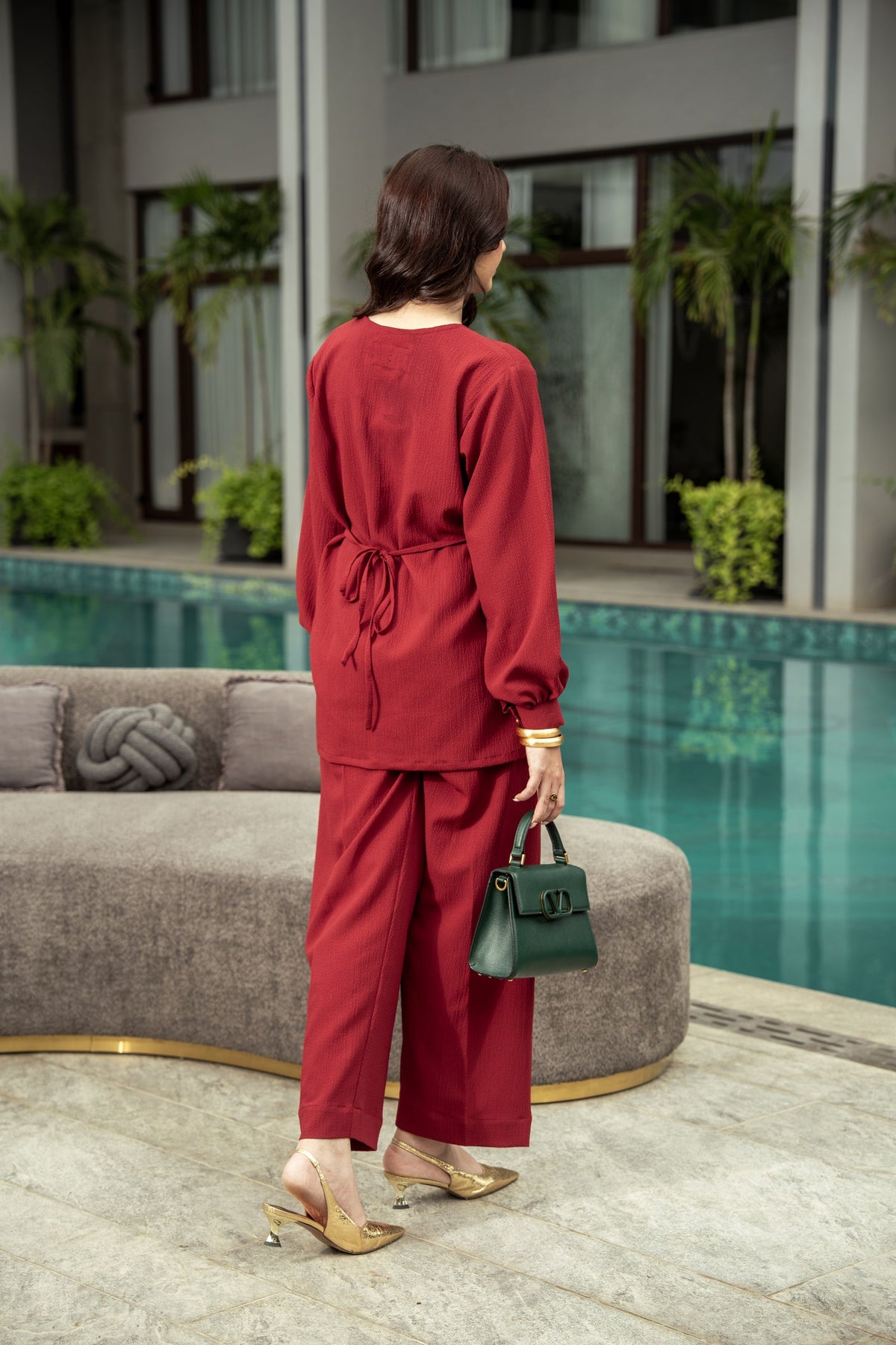 The back of the Ruby co-ord, full length, showing the tie at the waist.